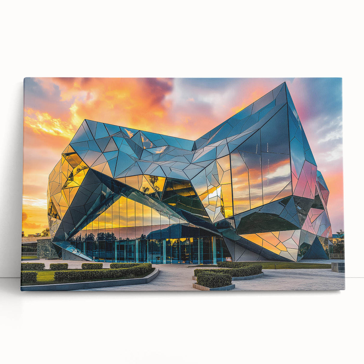 Large black and white photo of an architectural museum on stretched canvas.