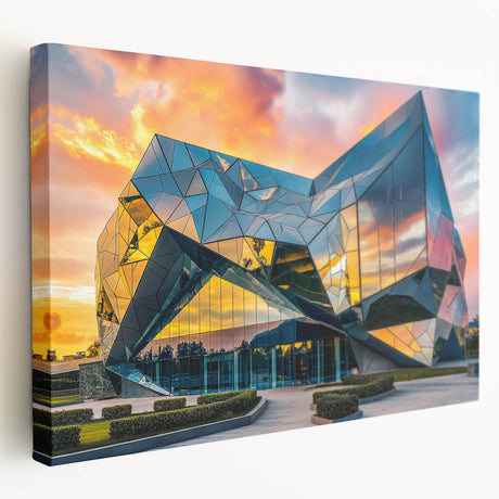 Side view of a large stretched canvas featuring a detailed architectural museum design in monochrome.