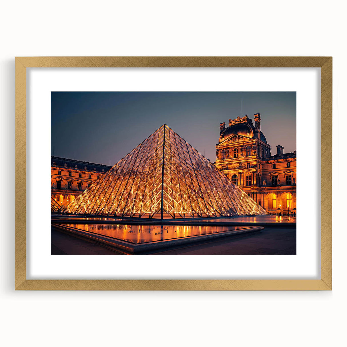 Extra large abstract art print with textured design in gold and white tones, framed with a gold mat.