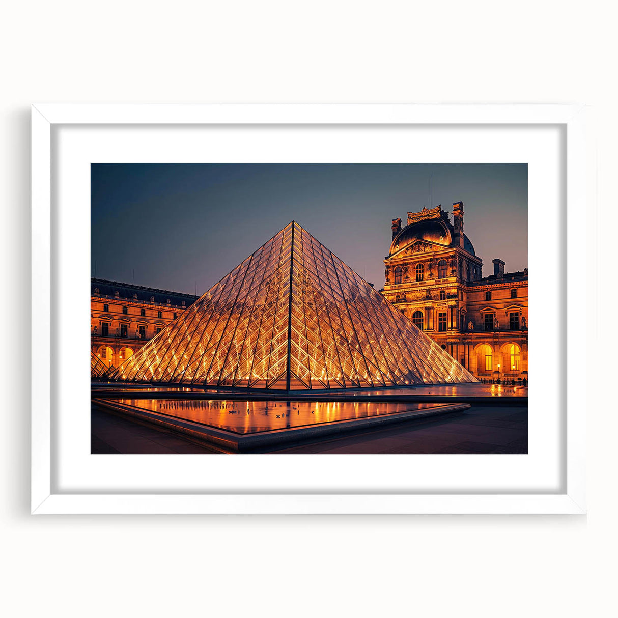 Abstract art print featuring geometric shapes in muted gray and blue tones on a framed white canvas.