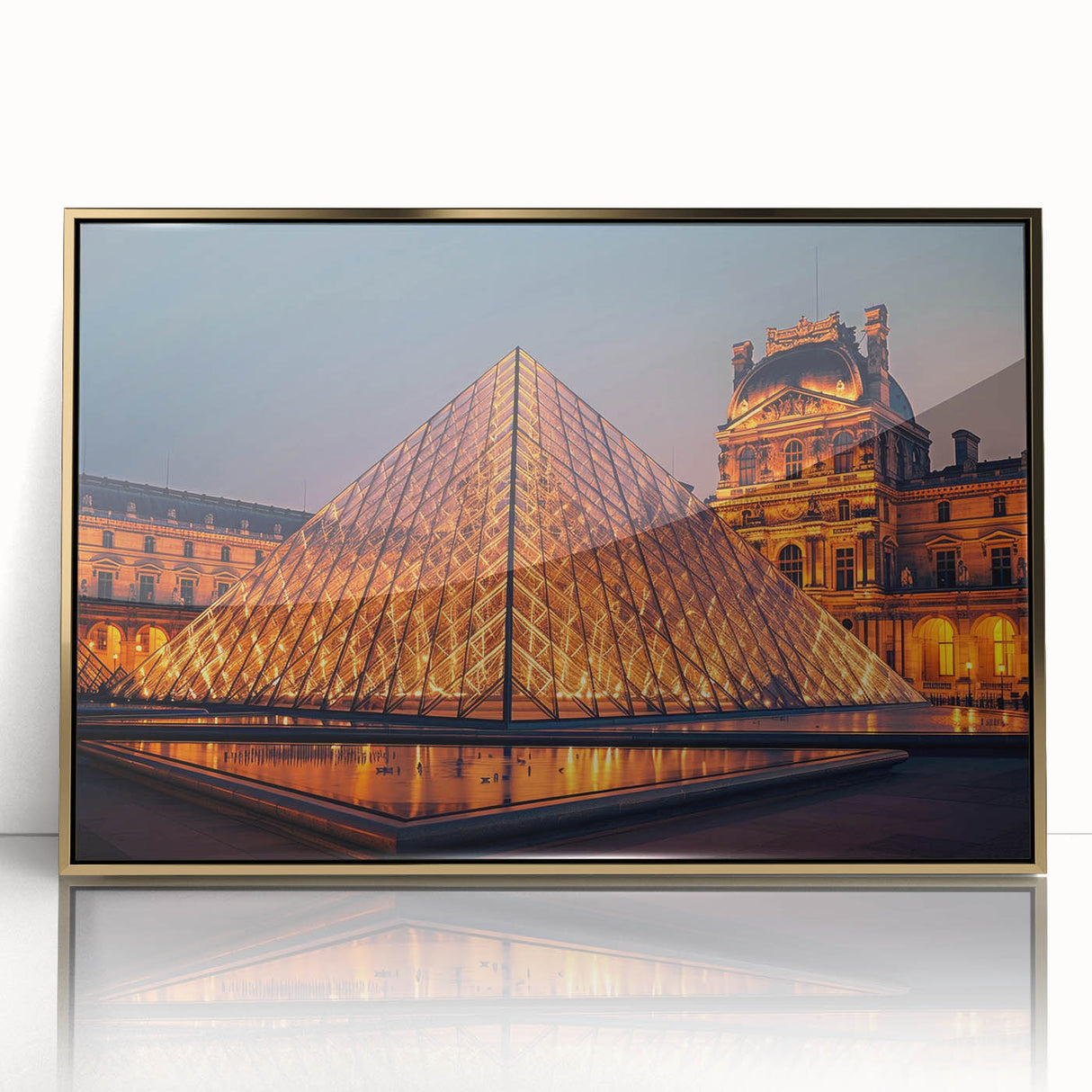Large acrylic print of a mid-century modernist architecture museum design in gold and white tones.
