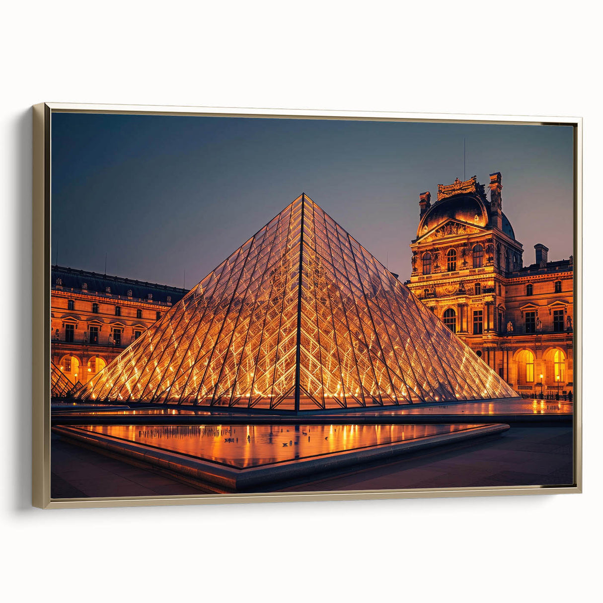 Framed canvas depicting a vintage poster art of a black and gold architectural landscape, ideal for bedroom wall decor.