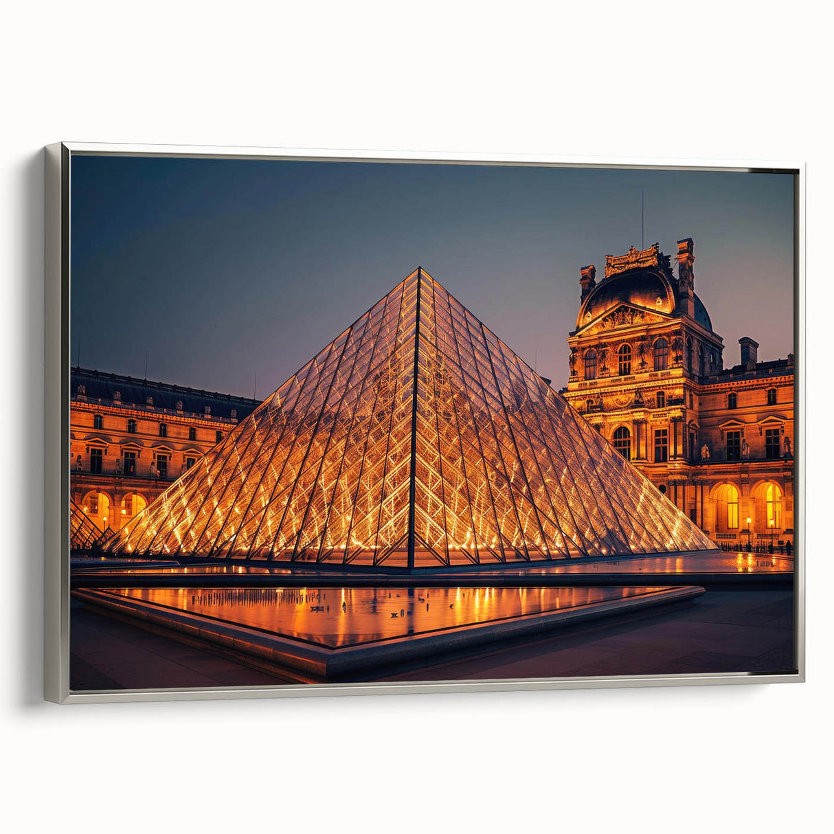 Framed canvas featuring a vintage poster of a colorful landscape painting with black borders, ideal for living room decor.