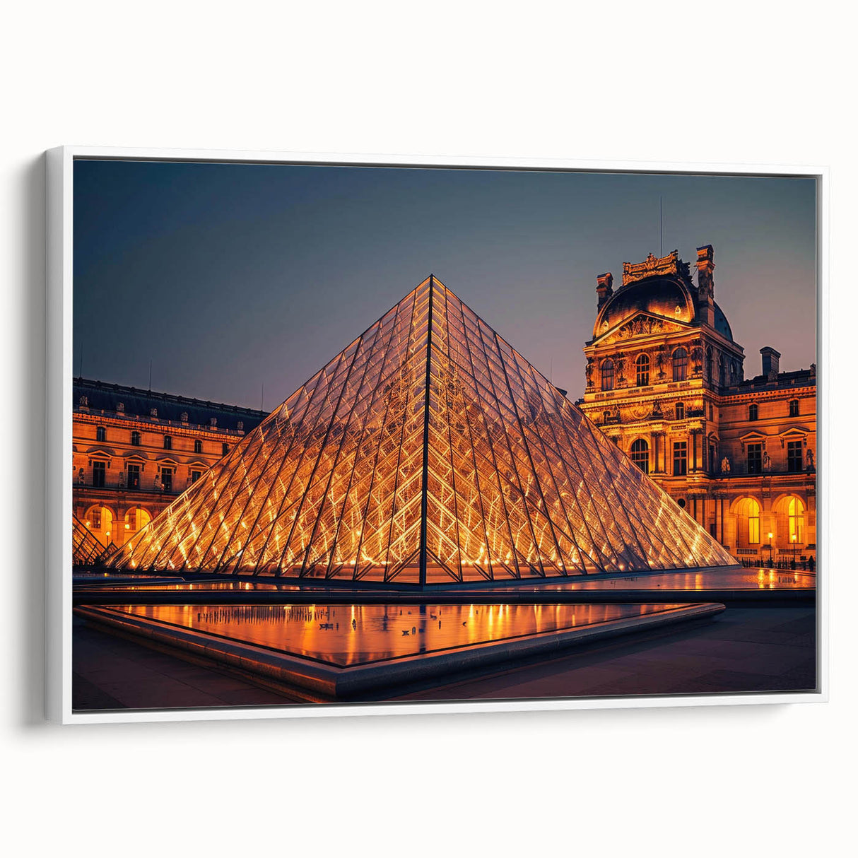 Vintage poster art of colorful architectural museums on a large framed canvas, ideal for living room decor.