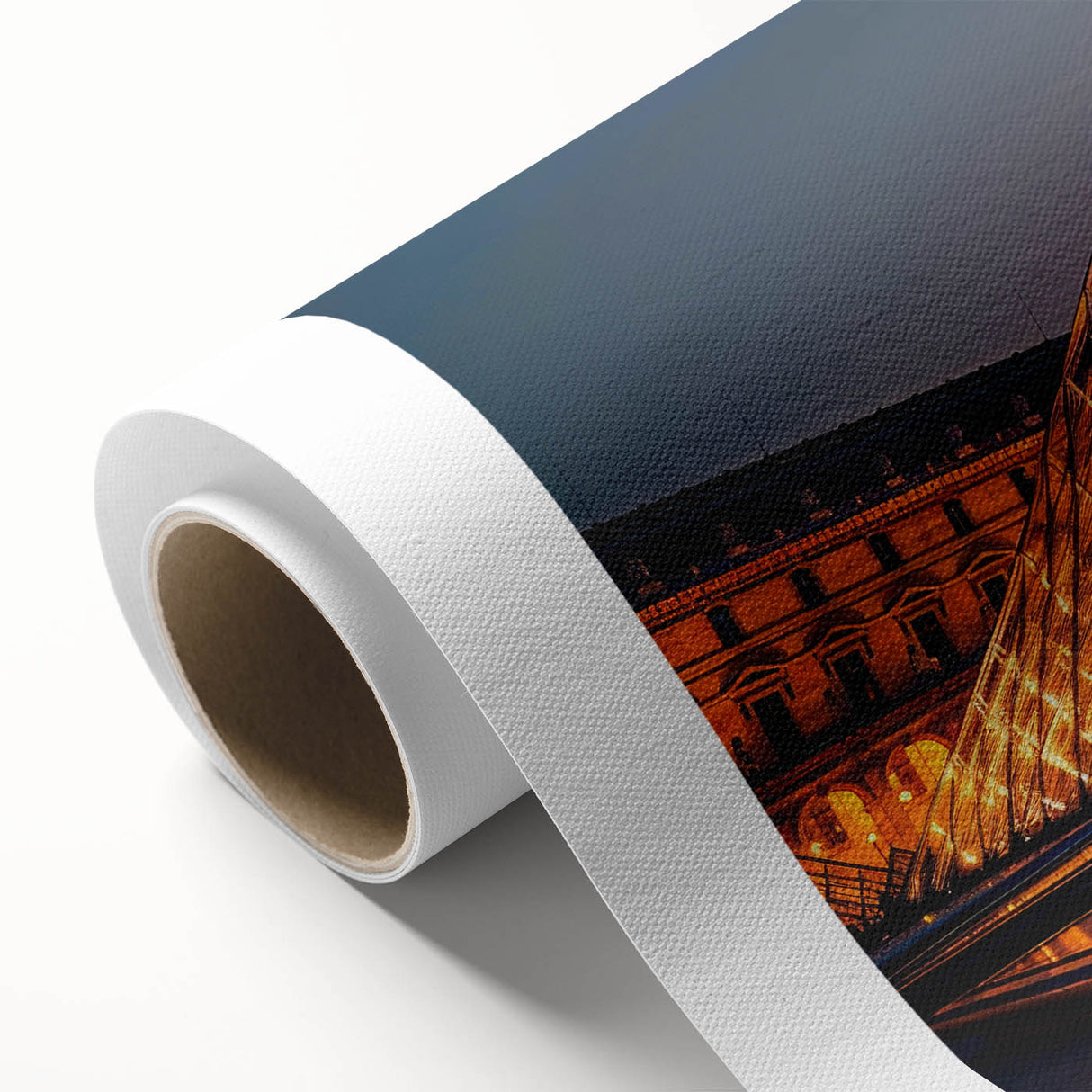 Art Deco poster featuring geometric shapes and metallic colors on rolled canvas.