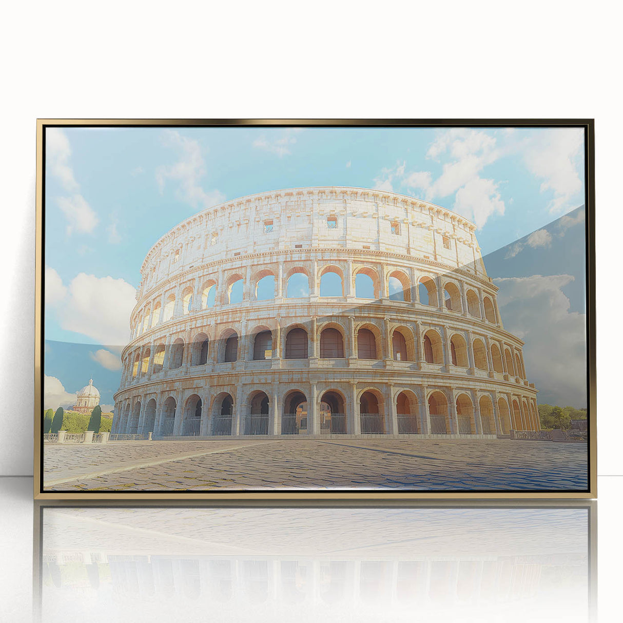 Large acrylic print of mid-century modernist architecture in gold and black tones, ideal for modern art wall decor.