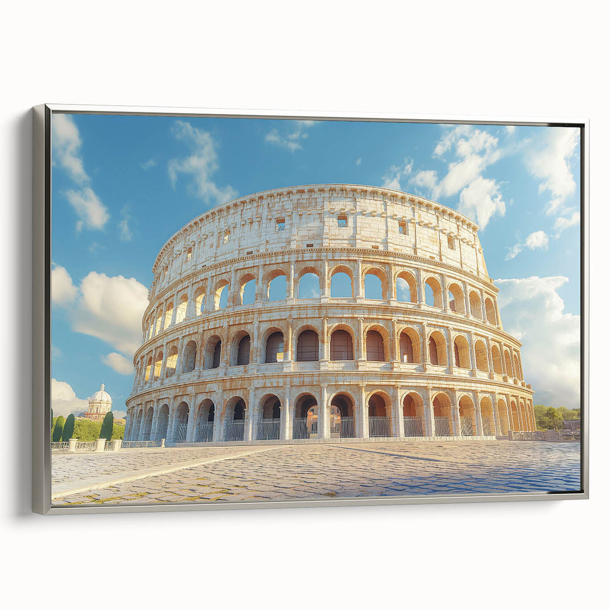 Framed canvas featuring a vintage landscape painting with colorful and black elements, ideal for living room decor.
