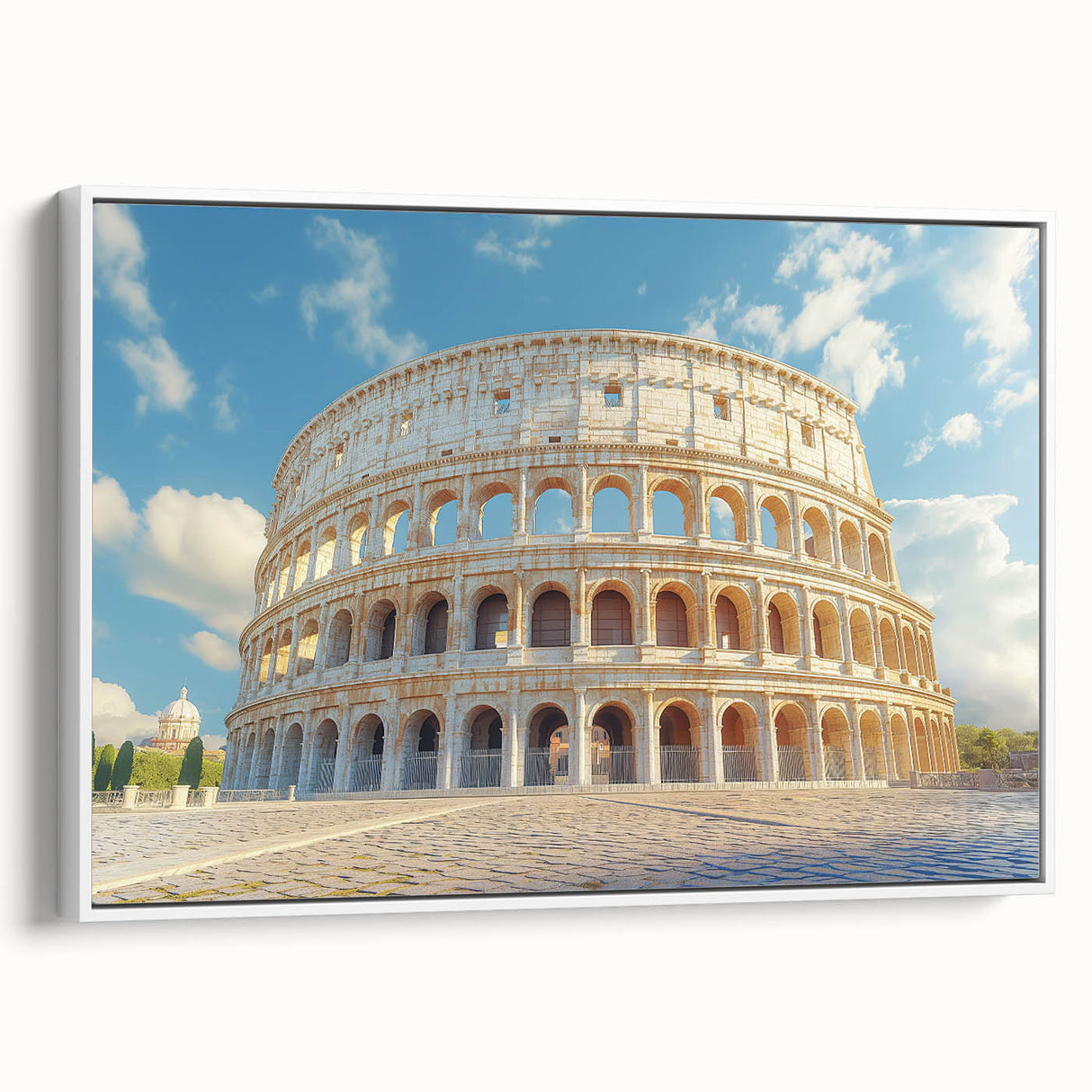Vintage poster art of colorful abstract architecture on a large framed canvas, suitable for living room decor.