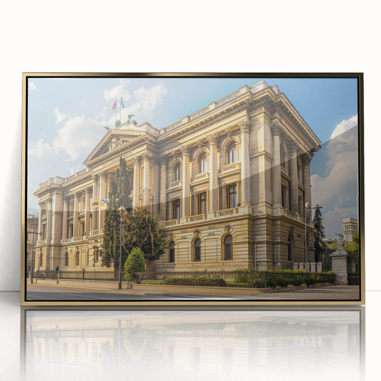 Large acrylic print featuring a mid-century modernist architecture museum design in gold tones.