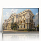 Mid-century modernist art of an architectural museum design in silver framed acrylic, ideal for modern art wall decor.