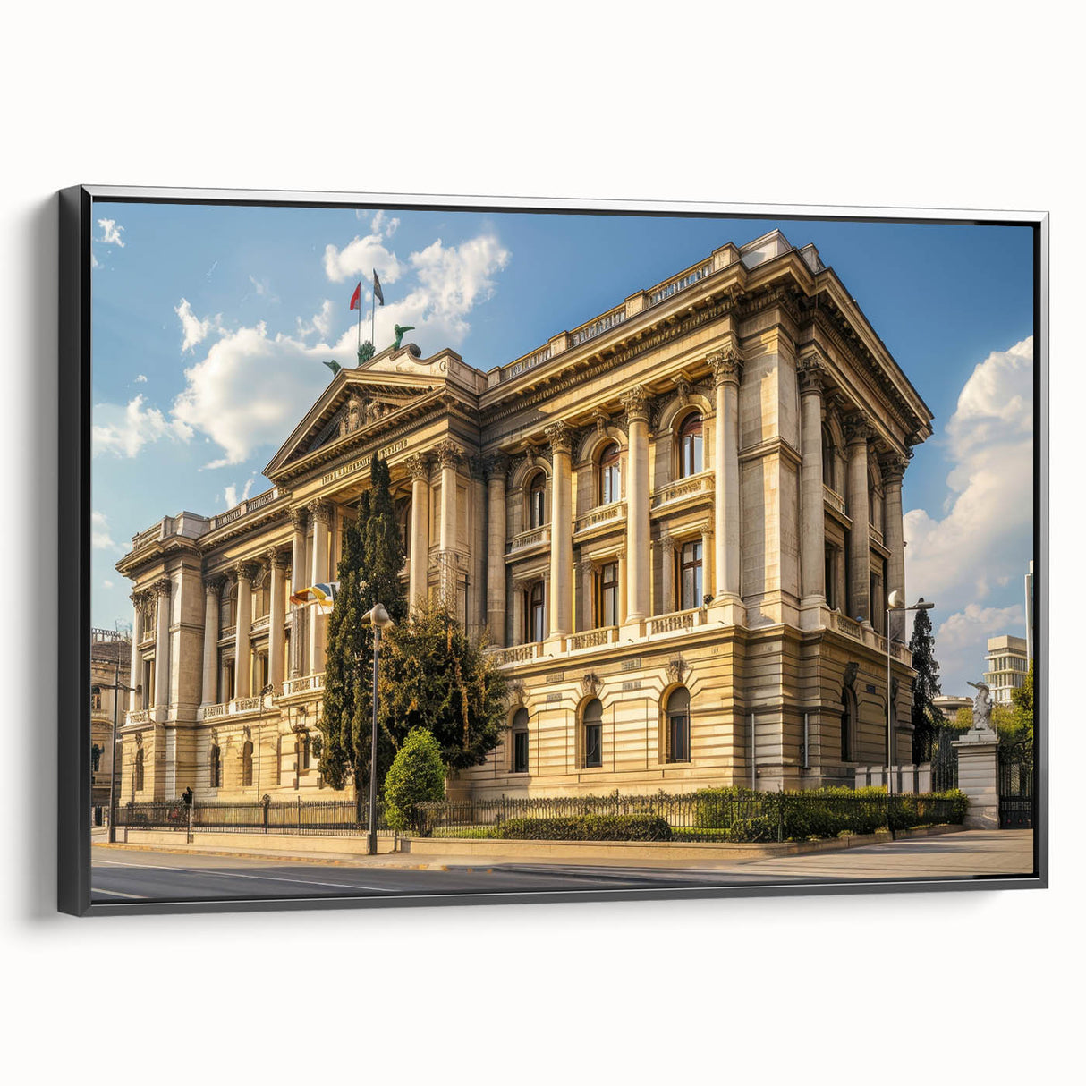 Black and white framed canvas featuring a vintage landscape painting, ideal for bedroom wall decor.