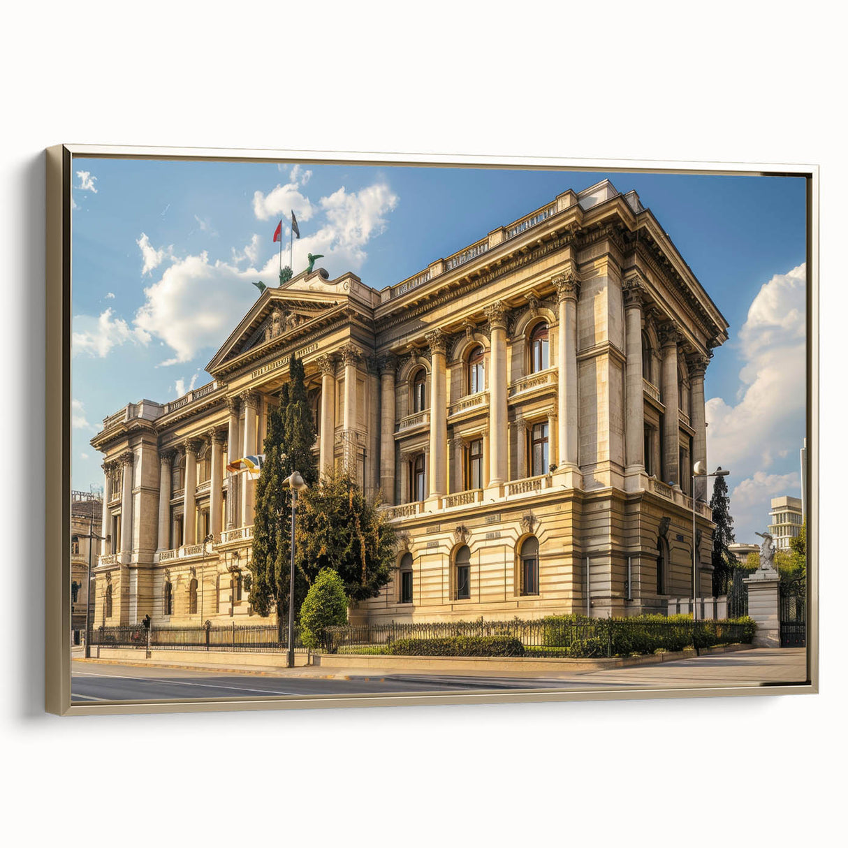 Framed canvas featuring a vintage black and gold landscape painting, ideal for bedroom wall art.