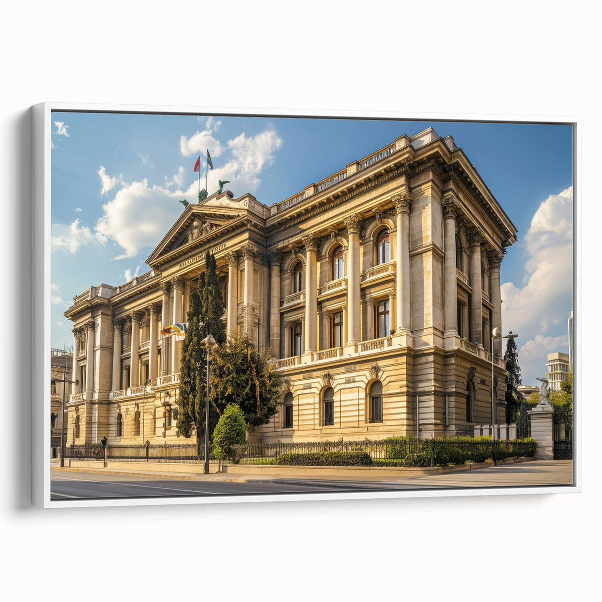 Vintage poster art of architectural museums in colorful art style, framed canvas, suitable for living room.