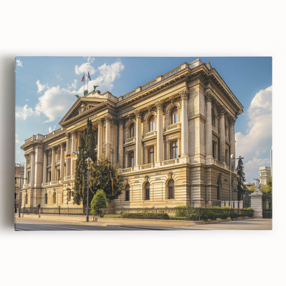 Large black and white photo of modern architecture on stretched canvas, suitable for kitchen wall art.