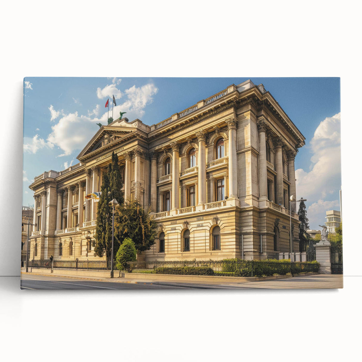 Large black and white photo of an architectural museum on stretched canvas, ideal for kitchen wall art or bedroom ambiance.