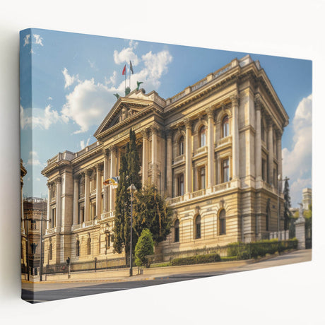 Large stretched canvas featuring a detailed architectural design in monochrome tones, suitable for kitchen wall art.