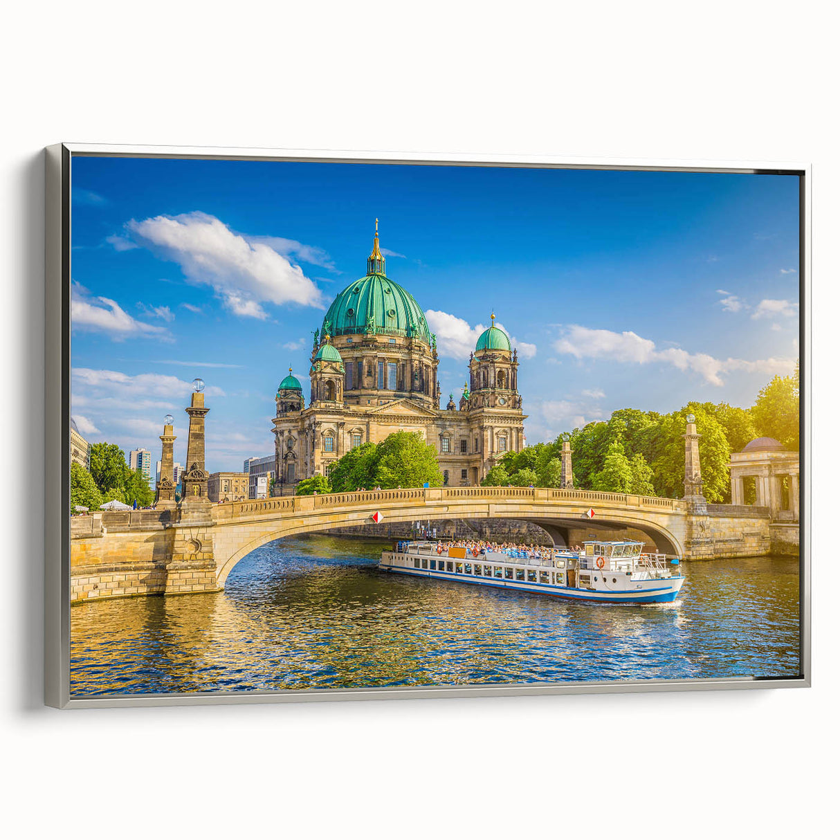 Framed canvas of a black and colorful vintage landscape painting, ideal for office decor.