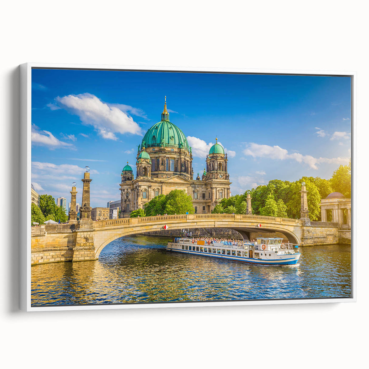 Extra large framed canvas featuring vintage poster art of colorful abstract architecture, ideal for living room decor.