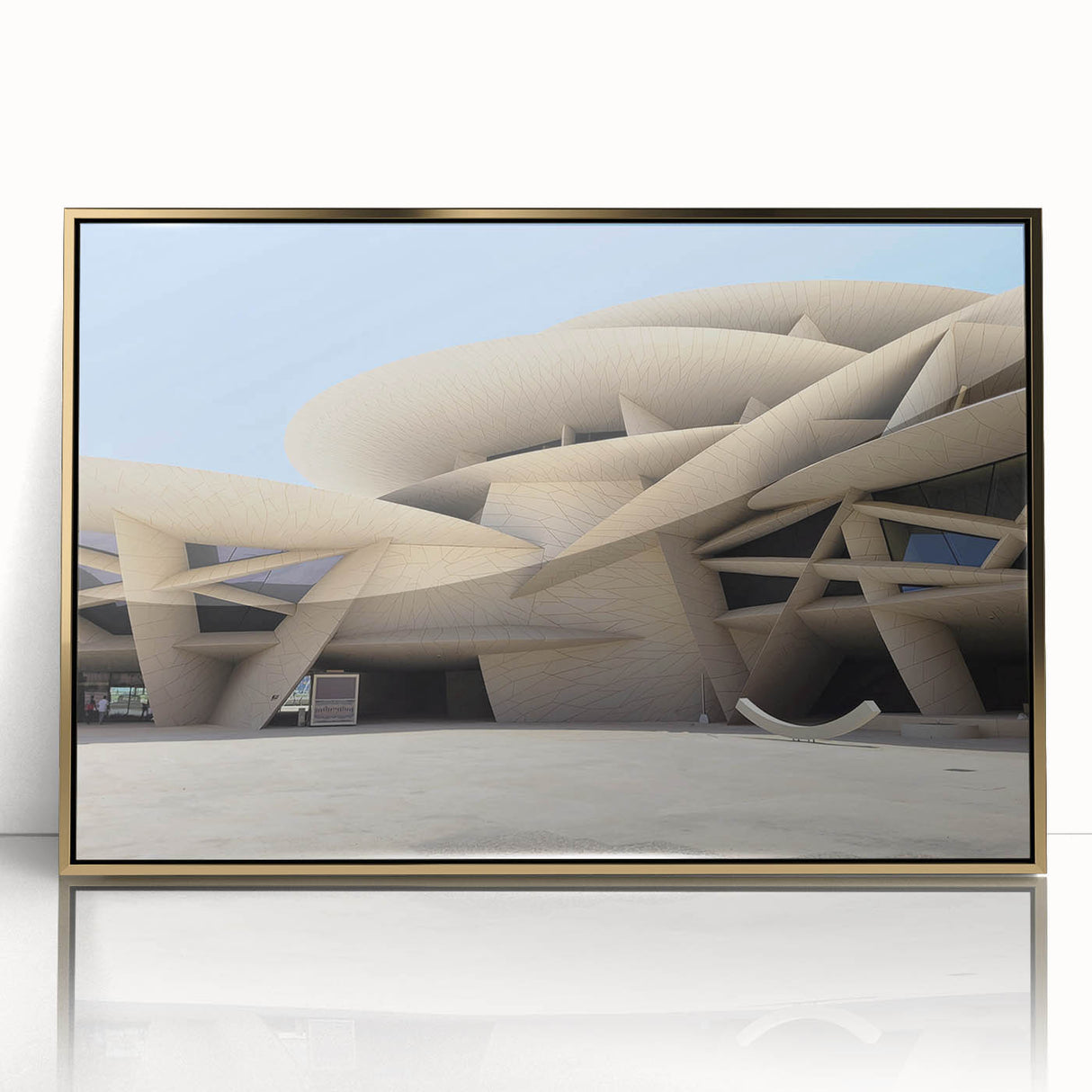 Mid-century modernist acrylic print featuring geometric shapes in gold and white, ideal for modern art wall decor.