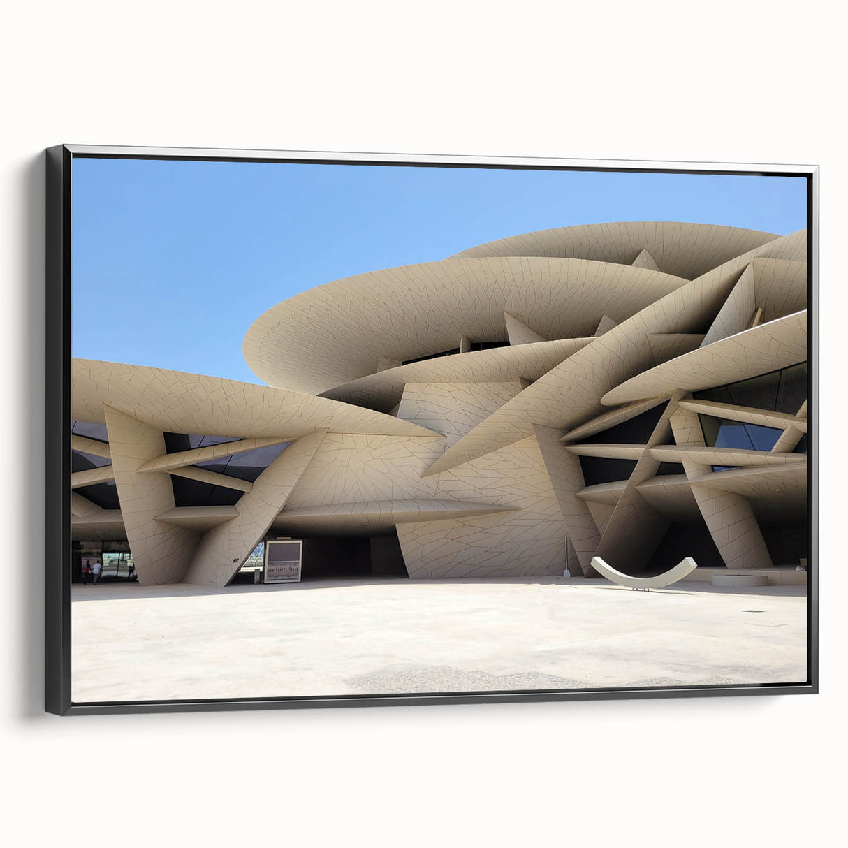 Black and white vintage poster art of a museum landscape on framed canvas, ideal for bedroom decor.