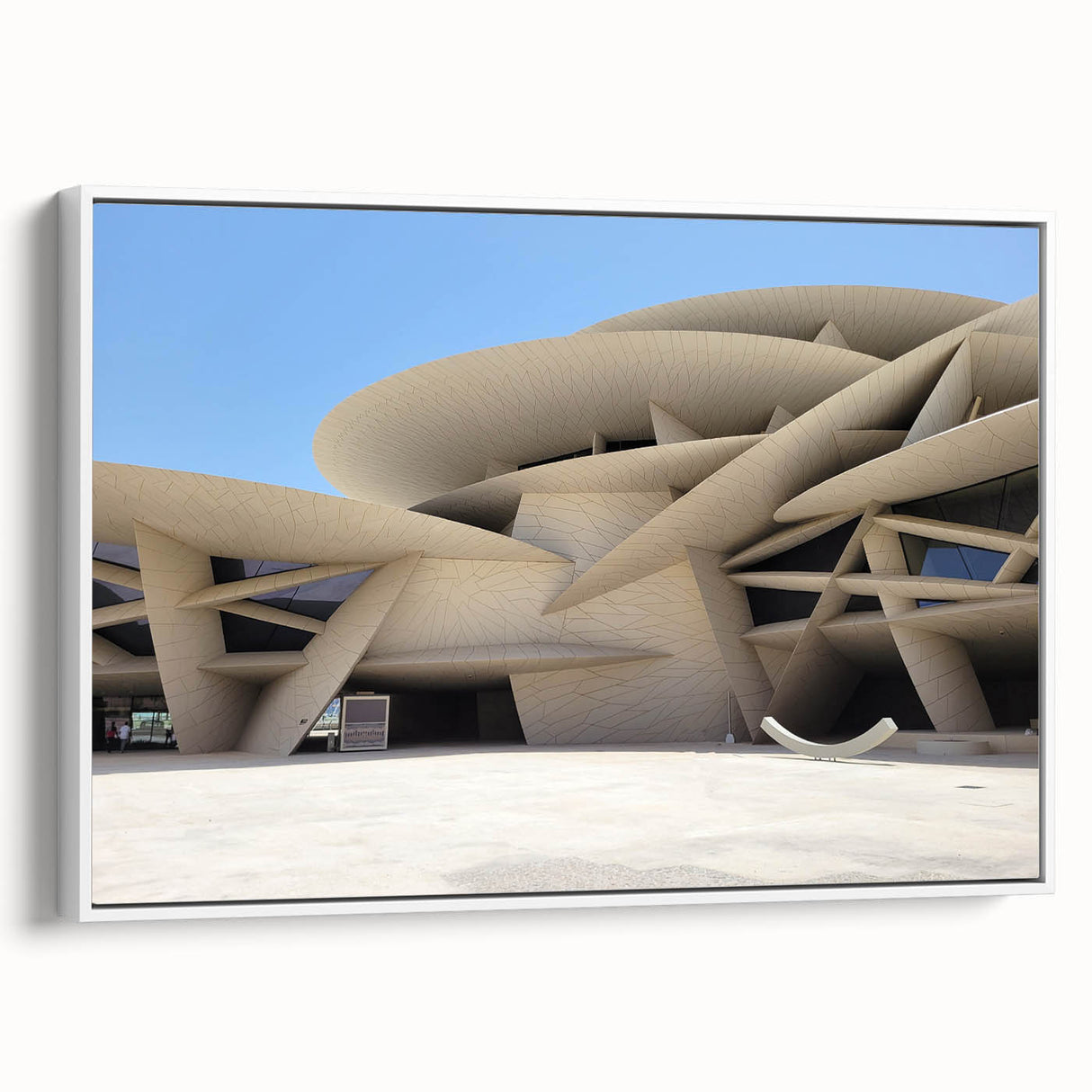 Extra large vintage poster art of colorful architecture and museums on a white framed canvas, suited for living room decor.
