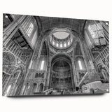 Large abstract wall art on acrylic glass featuring geometric shapes in muted gray and blue tones.