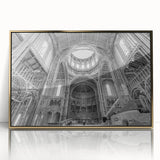 Mid-century modernist architecture in gold frame, muted earth tones, ideal for nursery wall art.