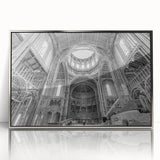 Mid-century modernist art depicting abstract shapes in muted earth tones on a framed acrylic.