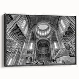 Black and white landscape art painting of vintage architecture on framed canvas, ideal for bedroom wall decor.