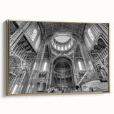 Vintage poster art of a classical landscape, printed on a framed canvas with a black and gold color palette.