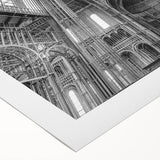 Art deco poster of a geometric architecture design in monochrome shades, printed on rolled canvas.