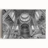 Large black and white photo of museum architecture on stretched canvas, ideal for kitchen wall art.