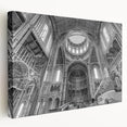 Architectural museum design on stretched canvas featuring detailed structures in monochrome, suitable for kitchen wall art.