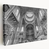 Architectural museum design on stretched canvas featuring detailed structures in monochrome, suitable for kitchen wall art.
