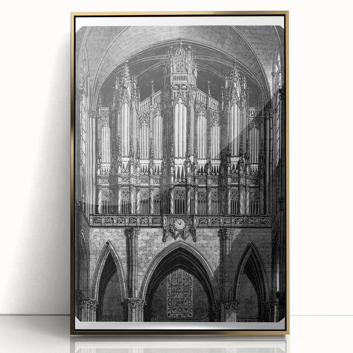 Mid-century modernist acrylic print of abstract architecture in gold and black tones, framed.