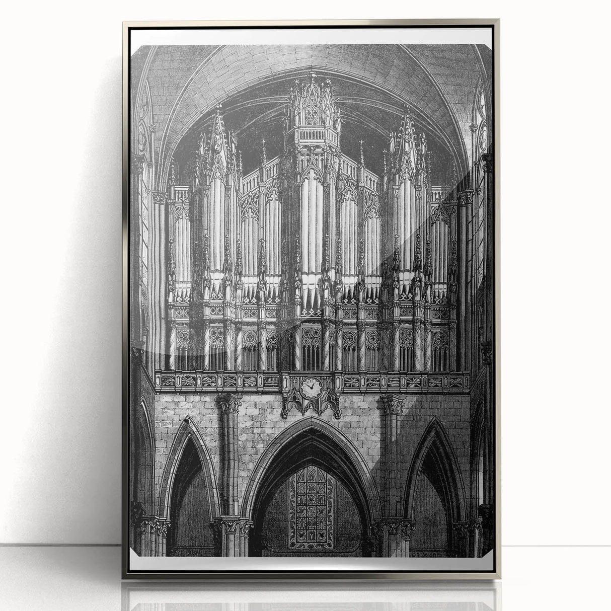 Mid-century modernist art deco poster of an architectural museum, framed in silver acrylic, in muted gray tones.