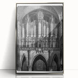 Mid-century modernist art deco poster of an architectural museum, framed in silver acrylic, in muted gray tones.