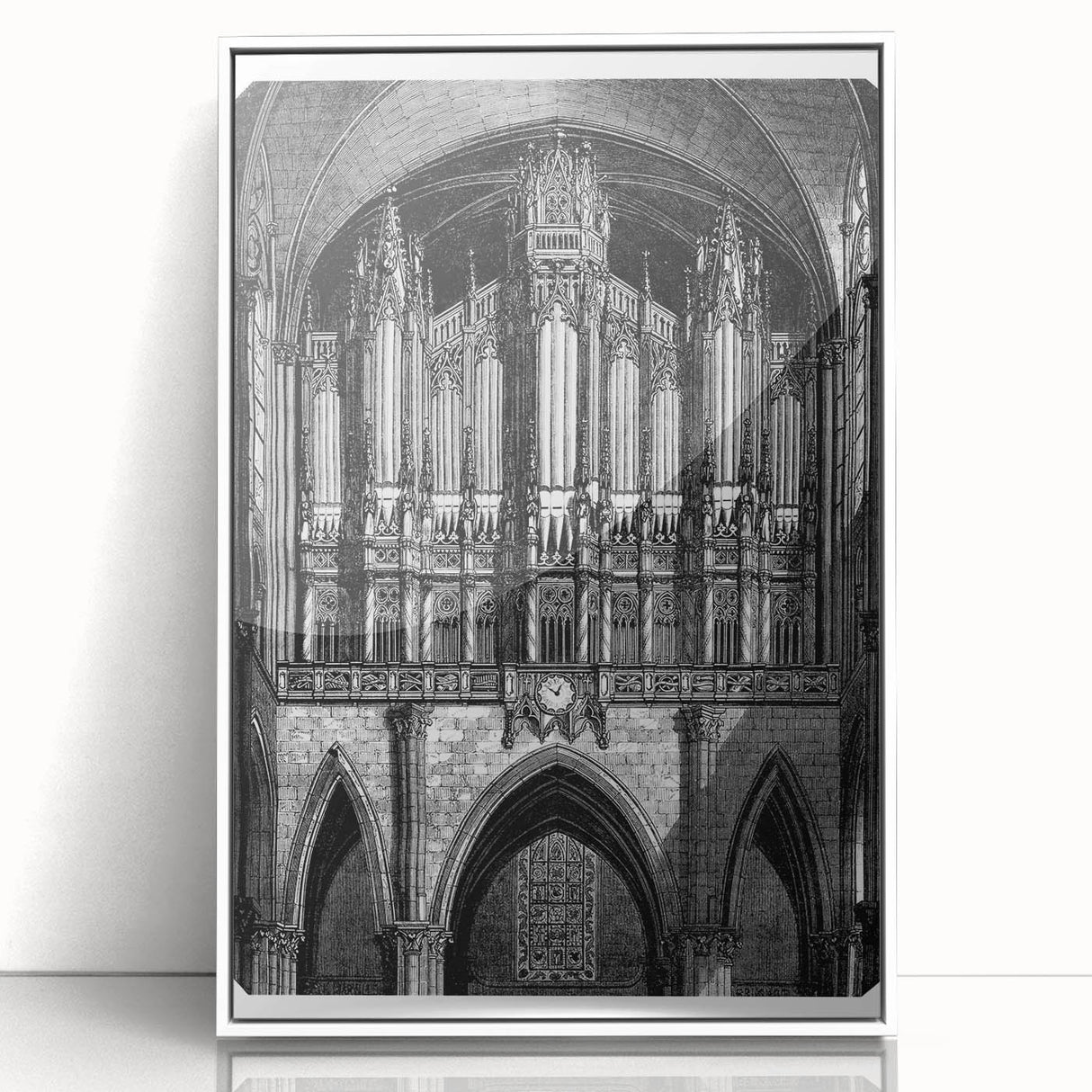 Art deco poster featuring geometric patterns in muted gold and white on an acrylic framed print.