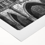 Art deco poster featuring a geometric skyline in muted gold and navy tones on rolled canvas, suitable for dining room decor.