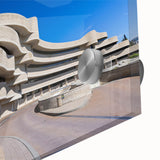 Large abstract wall art in mid-century modernist style with vibrant colors on acrylic glass, suited for dining room ambiance.