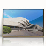 Large art print of a mid-century modernist museum design in gold and black tones, framed acrylic.