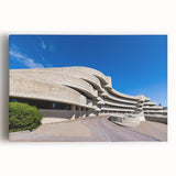 Large black and white stretched canvas featuring a detailed architectural museum design, ideal for kitchen wall art.