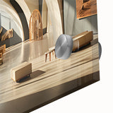 Large abstract wall art in mid-century modernist style on acrylic glass, featuring geometric shapes in muted earth tones.