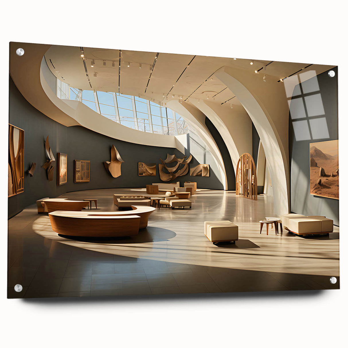 Large abstract wall art on acrylic glass depicting a modern architectural scene in monochrome shades.
