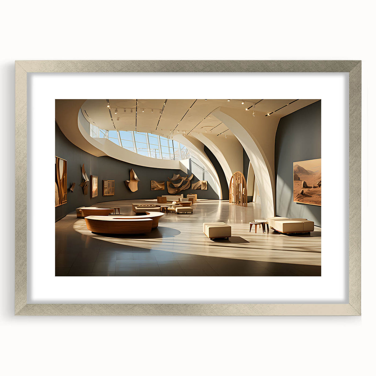 Textured abstract art print in muted gray and silver tones, displayed in a silver frame with mat.