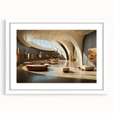 Abstract art print featuring geometric shapes in muted gray and blue tones on a white framed canvas.