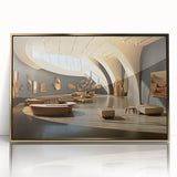 Large acrylic print of a mid-century modernist architecture museum design in muted gold tones.