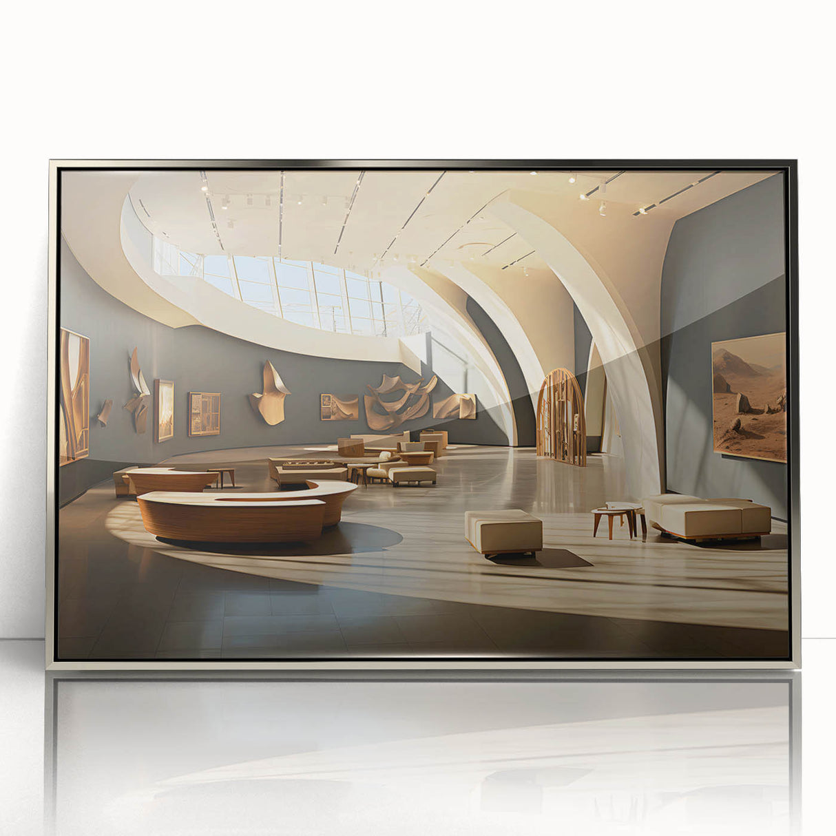 Mid-century modernist art depicting architectural museums in muted gray and silver tones, framed acrylic.