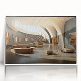 Art deco poster featuring geometric shapes in muted gold and teal, framed in white acrylic, suitable for nursery wall decor.