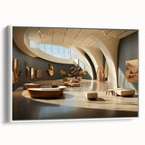 Vintage poster art of colorful, abstract architecture on a large framed canvas, ideal for living room decor.